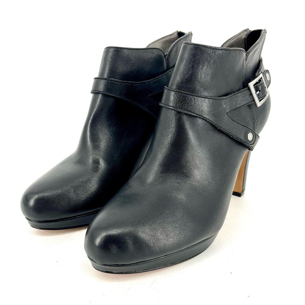Adrienne Vittadini Pescara Black Leather Heeled Ankle Boots Buckle Zip (9.5)